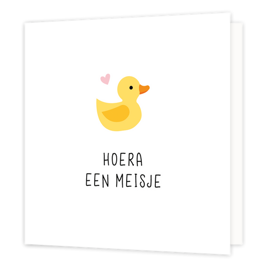 Mini bloemenkaartje - Hoera een meisje - Formaat: Klein - Vorm: Vierkant - Geboortekaart - Op deze wenskaart staat een eentje met een roze hartje en daaronder de tekst: "Hoera een meisje". - Snelwenskaart