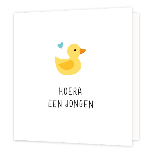 Mini bloemenkaartje - Hoera een jongen - Formaat: Klein - Vorm: Vierkant - Geboortekaart - Op deze wenskaart staat een eentje met een blauwe hartje en daaronder de tekst: "Hoera een jongen". - Snelwenskaart