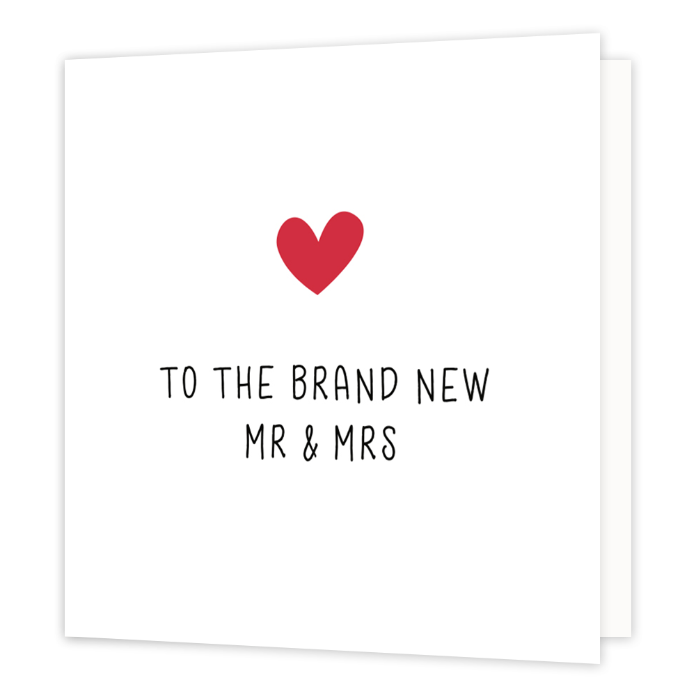 Mini bloemenkaartje - To the brand new mr & mrs - Formaat: Klein - Vorm: Vierkant - Huwelijkskaart - Op deze wenskaart staat een rood hartje met daaronder de tekst: "To the brand new mr & mrs". - Snelwenskaart