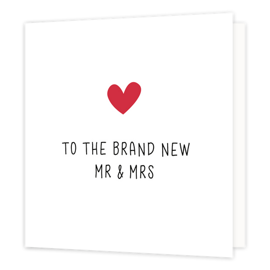 Mini bloemenkaartje - To the brand new mr & mrs - Formaat: Klein - Vorm: Vierkant - Huwelijkskaart - Op deze wenskaart staat een rood hartje met daaronder de tekst: "To the brand new mr & mrs". - Snelwenskaart