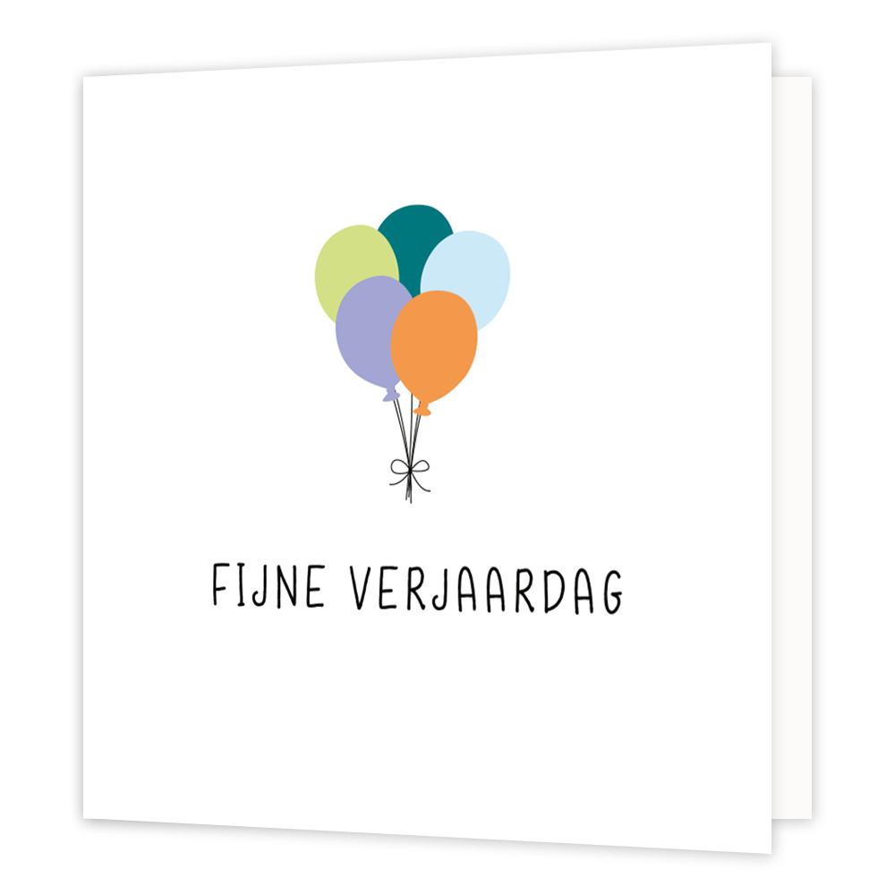 Mini bloemenkaartje - Fijne verjaardag - Formaat: Klein - Vorm: Vierkant - Verjaardagskaart - Op deze wenskaart staat een tros ballonnen met daaronder de tekst: "Fijne verjaardag". - Snelwenskaart