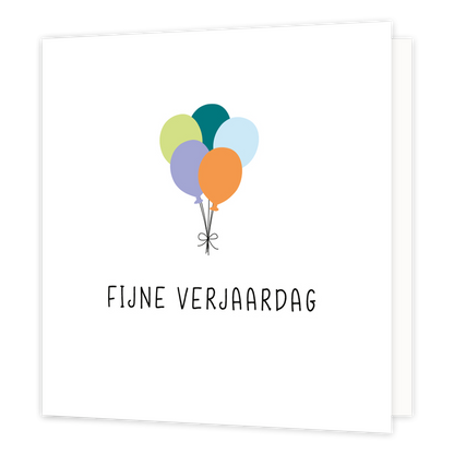 Mini bloemenkaartje - Fijne verjaardag - Formaat: Klein - Vorm: Vierkant - Verjaardagskaart - Op deze wenskaart staat een tros ballonnen met daaronder de tekst: "Fijne verjaardag". - Snelwenskaart