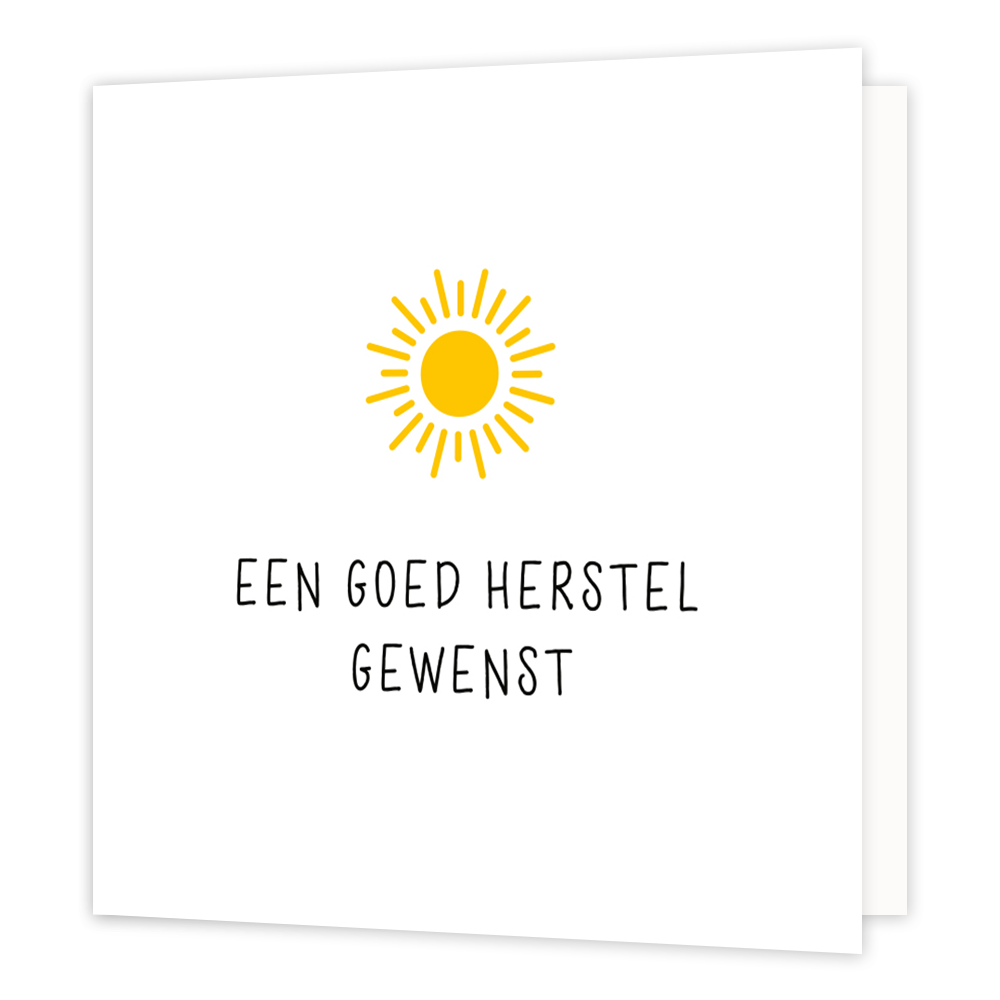Mini bloemenkaartje - Een goed herstel gewenst - Formaat: Klein - Vorm: Vierkant - Beterschapskaart - Op deze wenskaart staat een zon met daaronder de tekst: "Een goed herstel gewenst". - Snelwenskaart