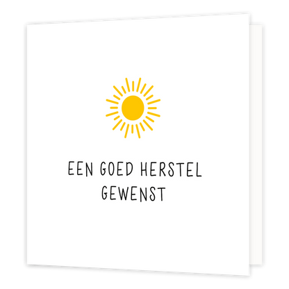 Mini bloemenkaartje - Een goed herstel gewenst - Formaat: Klein - Vorm: Vierkant - Beterschapskaart - Op deze wenskaart staat een zon met daaronder de tekst: "Een goed herstel gewenst". - Snelwenskaart