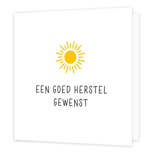 Mini bloemenkaartje - Een goed herstel gewenst - Formaat: Klein - Vorm: Vierkant - Beterschapskaart - Op deze wenskaart staat een zon met daaronder de tekst: "Een goed herstel gewenst". - Snelwenskaart
