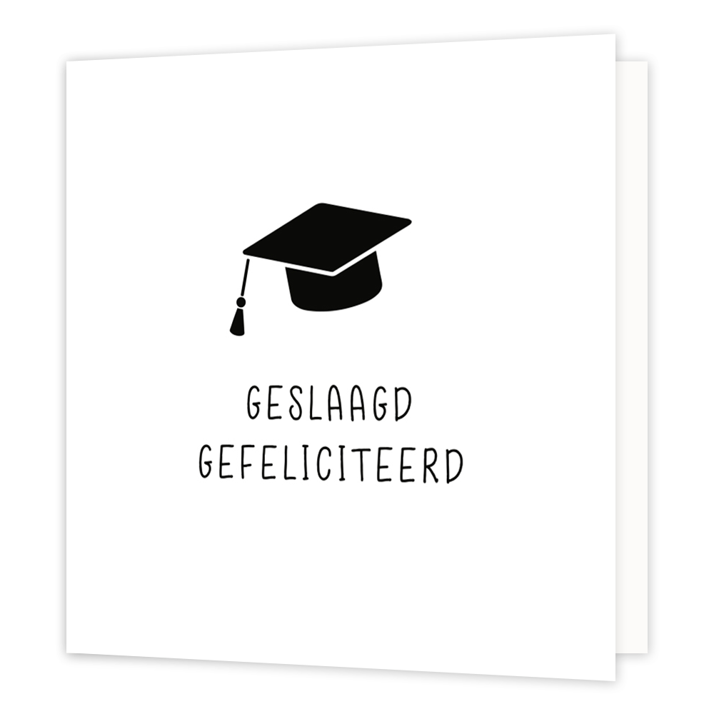 Mini bloemenkaartje - Geslaagd gefeliciteerd - Formaat: Klein - Vorm: Vierkant - Geslaagd kaart - Op deze wenskaart staat een afstudeerhoed met daaronder de tekst: "Geslaagd gefeliciteerd". - Snelwenskaart