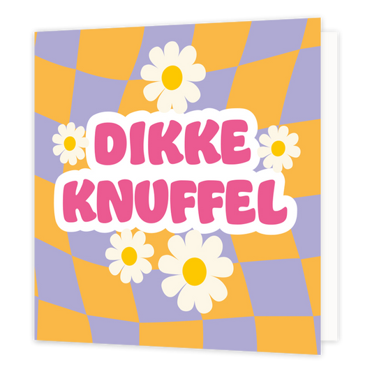 Mini boemenkaartje - Dikke knuffel - Formaat: Klein - Vorm: Vierkant - Vriendschapskaart - Op deze wenskaart staan witte bloemen met de tekst: "Dikke knuffel". - Snelwenskaart