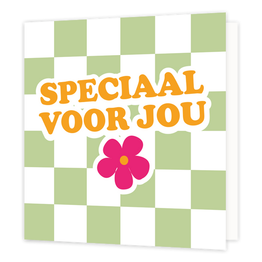 Mini bloemenkaartje - Speciaal voor jou - Formaat: Klein - Vorm: Vierkant - Denken aan kaart - Op deze wenskaart staan witte en groene vierkantjes met een roze bloem en de tekst: "Speciaal voor jou". - Snelwenskaart