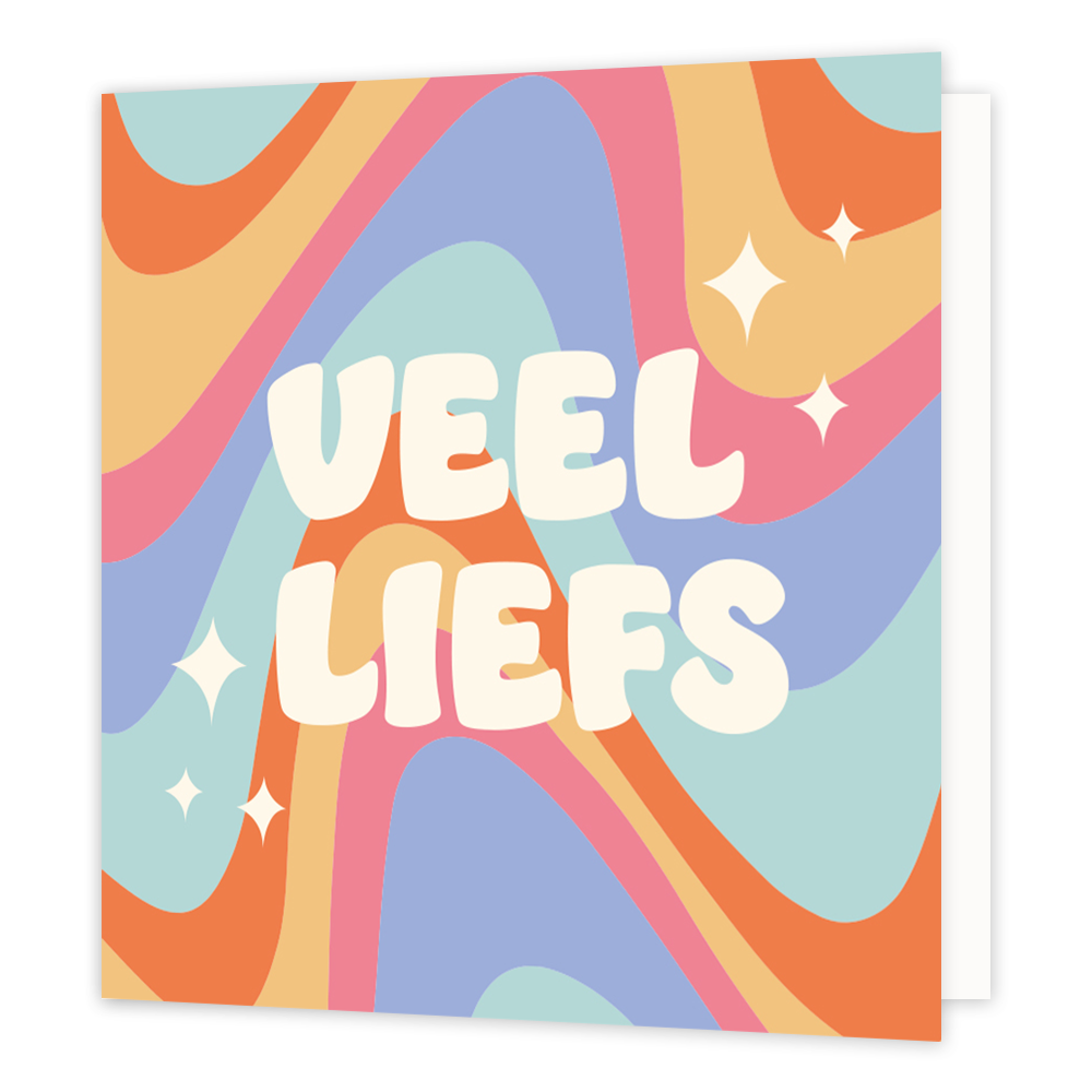 Mini bloemenkaartje - Veel liefs - Formaat: Klein - Vorm: Vierkant - Vriendschapskaart - Op deze wenskaart staan artistieke lijnen in de kleuren mintgroen, oranje, roze en blauw, met in het midden de tekst: "Veel liefs". - Snelwenskaart