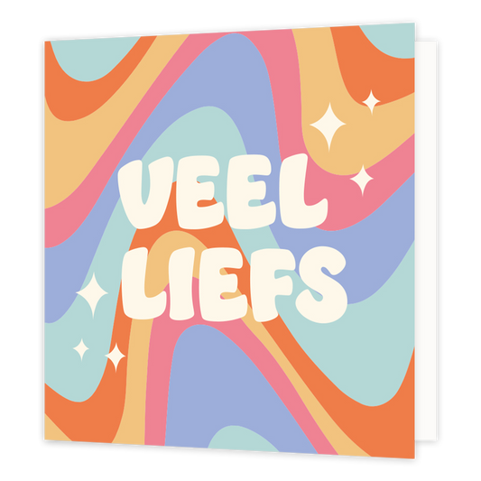Mini bloemenkaartje - Veel liefs - Formaat: Klein - Vorm: Vierkant - Vriendschapskaart - Op deze wenskaart staan artistieke lijnen in de kleuren mintgroen, oranje, roze en blauw, met in het midden de tekst: "Veel liefs". - Snelwenskaart