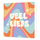 Mini bloemenkaartje - Veel liefs - Formaat: Klein - Vorm: Vierkant - Vriendschapskaart - Op deze wenskaart staan artistieke lijnen in de kleuren mintgroen, oranje, roze en blauw, met in het midden de tekst: "Veel liefs". - Snelwenskaart