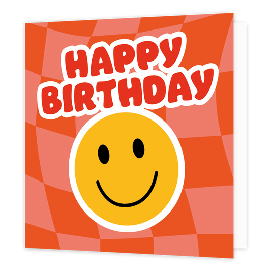 Mini bloemenkaartje - Happy birthday - Formaat: Klein - Vorm: Vierkant - Verjaardagskaart - Op deze wenskaart staat een smiley met daarboven de tekst: "Happy birthday". - Snelwenskaart