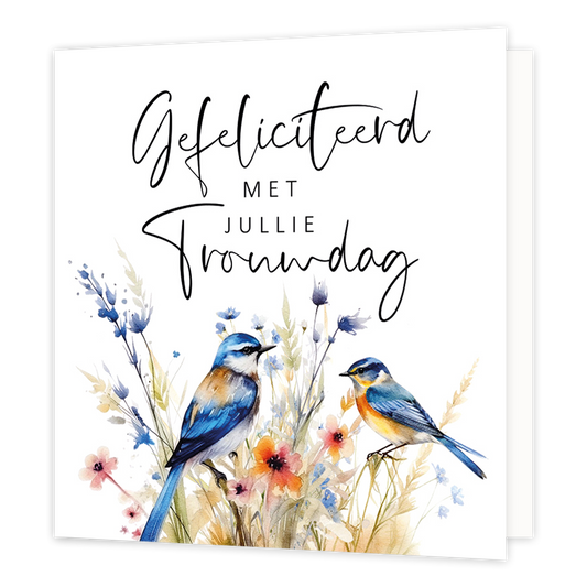 Mini bloemenkaartje - Gefeliciteerd met jullie trouwdag - Formaat: Klein - Vorm: Vierkant - Huwelijkskaart - Op deze wenskaart staan bloemen en vogels met daarboven de tekst: "Gefeliciteerd met jullie trouwdag". - Snelwenskaart