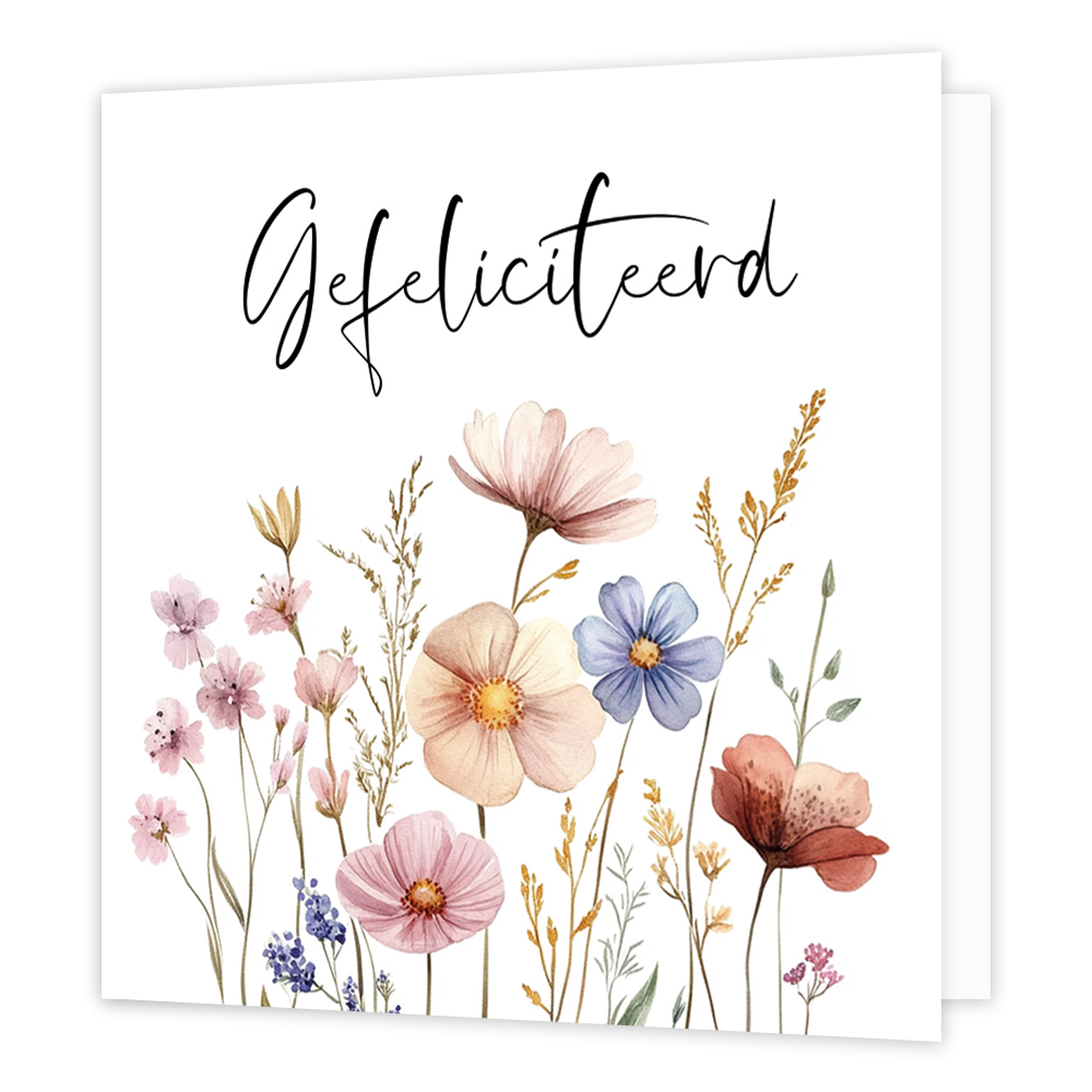 Mini bloemenkaartje - Gefeliciteerd - Formaat: Klein - Vorm: Vierkant - Felicitatiekaart - Op deze wenskaart staan bloemen in diverse kleuren met daarboven de tekst: "Gefeliciteerd". - Snelwenskaart