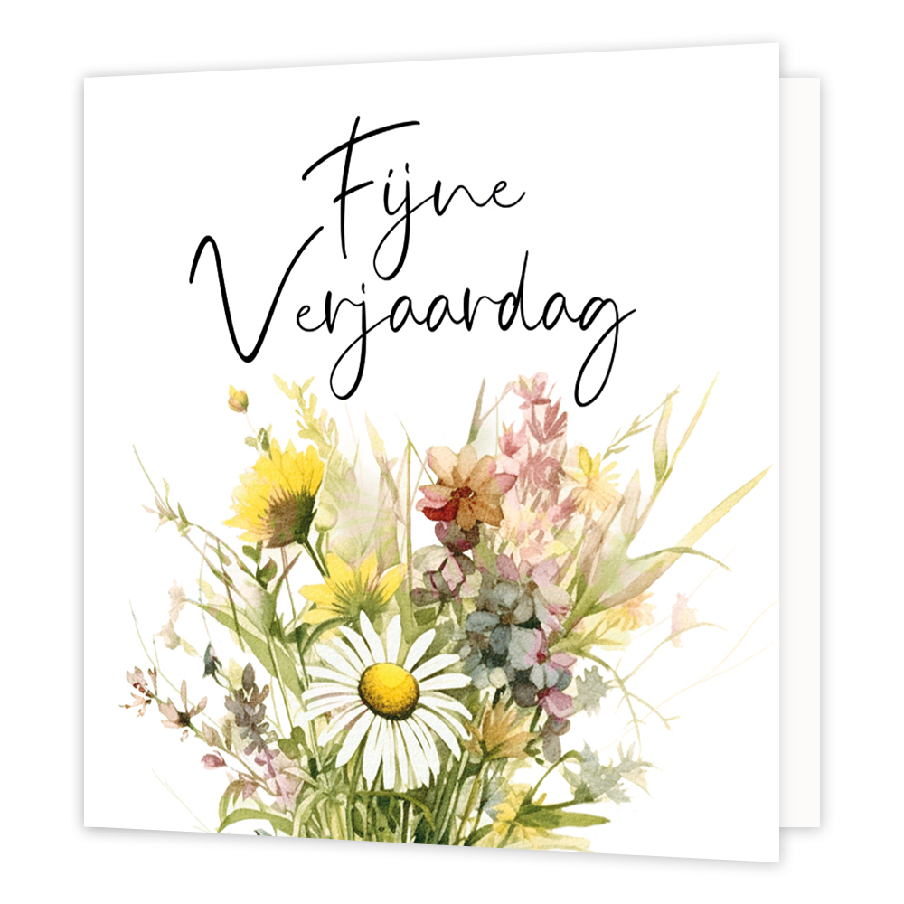 Mini bloemenkaartje - Fijne verjaardag - Formaat: Klein - Vorm: Vierkant - Verjaardagskaart - Op deze wenskaart staat een bloeket bloemen met daarboven de tekst: "Fijne verjaardag". - Snelwenskaart