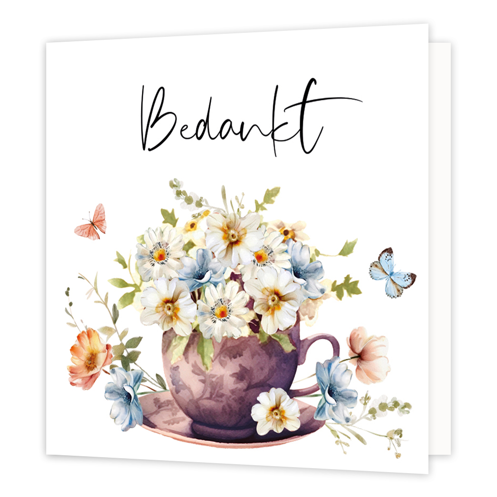 Mini bloemenkaartje - Bedankt - Formaat: Klein - Vorm: Vierkant - Bedankkaart - Op deze wenskaart staat een kopje met bloemen erin en daarboven de tekst: "Bedankt". - Snelwenskaart