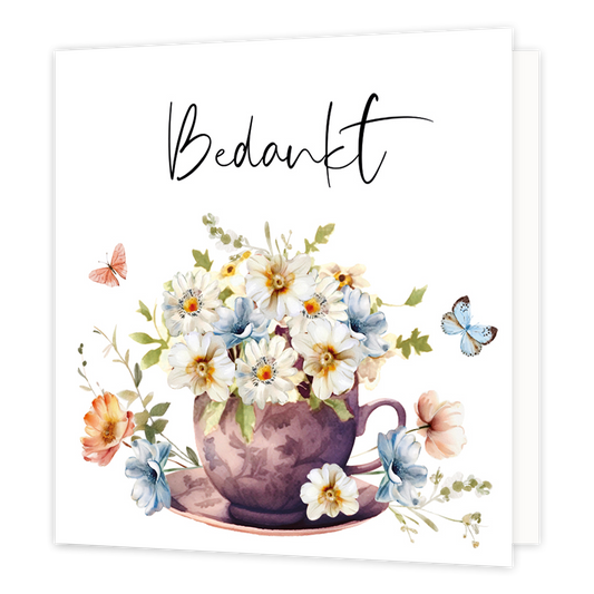 Mini bloemenkaartje - Bedankt - Formaat: Klein - Vorm: Vierkant - Bedankkaart - Op deze wenskaart staat een kopje met bloemen erin en daarboven de tekst: "Bedankt". - Snelwenskaart