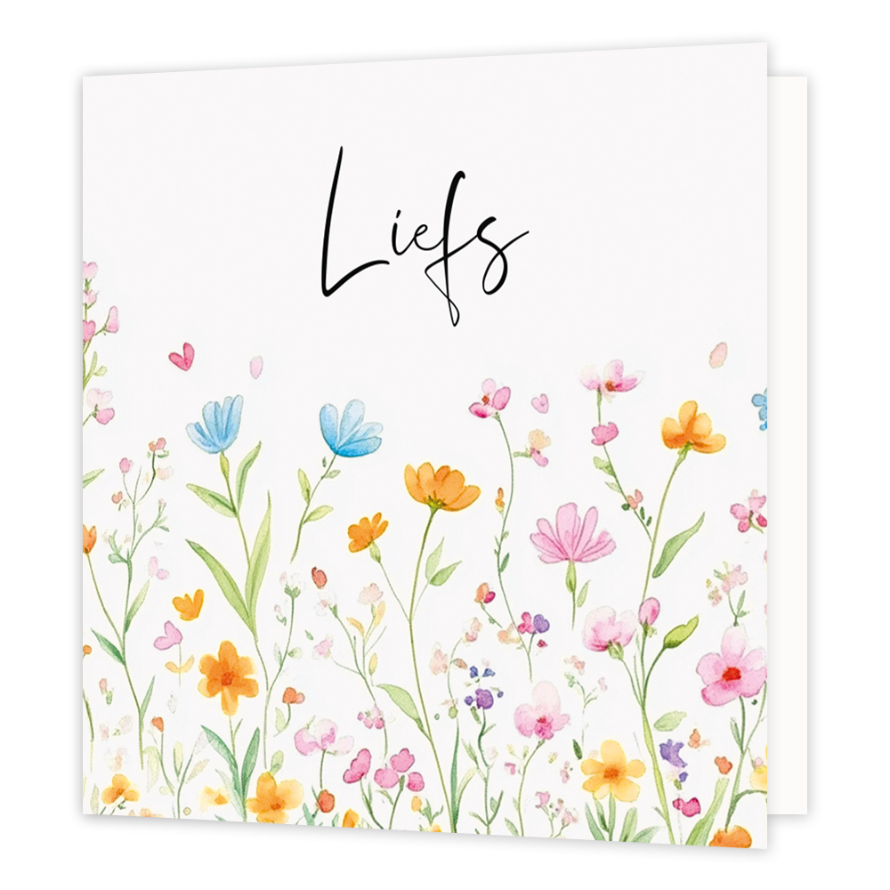 Mini bloemenkaartje - Liefs - Formaat: Klein - Vorm: Vierkant - Vriendschapskaart - Op deze wenskaart staan bloemen in diverse kleuren met daarboven de tekst: "Liefs". - Snelwenskaart