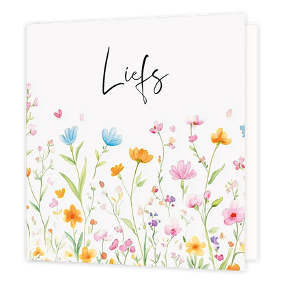 Mini bloemenkaartje - Liefs - Formaat: Klein - Vorm: Vierkant - Vriendschapskaart - Op deze wenskaart staan bloemen in diverse kleuren met daarboven de tekst: "Liefs". - Snelwenskaart