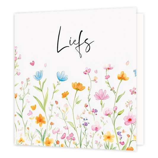 Mini bloemenkaartje - Liefs - Formaat: Klein - Vorm: Vierkant - Vriendschapskaart - Op deze wenskaart staan bloemen in diverse kleuren met daarboven de tekst: "Liefs". - Snelwenskaart