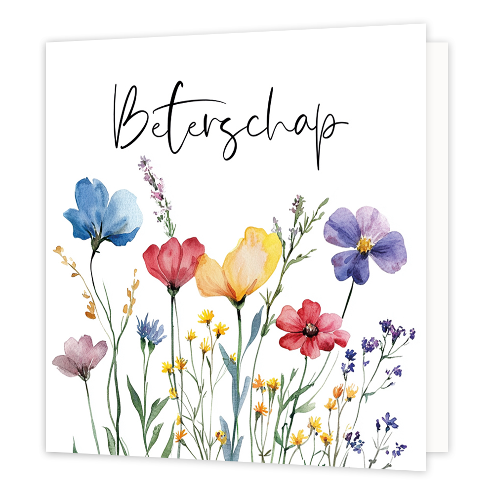 Mini bloemenkaartje - Beterschap - Formaat: Klein - Vorm: Vierkant - Beterschapskaart - Op deze wenskaart staan bloemen met daarboven de tekst: "Beterschap". - Snelwenskaart