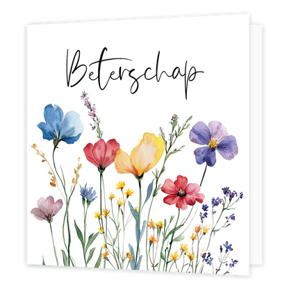 Mini bloemenkaartje - Beterschap - Formaat: Klein - Vorm: Vierkant - Beterschapskaart - Op deze wenskaart staan bloemen met daarboven de tekst: "Beterschap". - Snelwenskaart