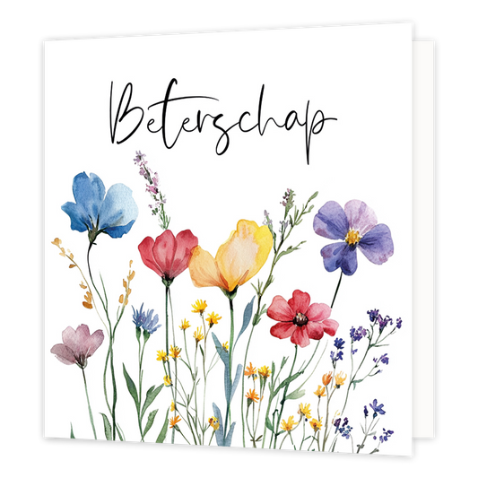 Mini bloemenkaartje - Beterschap - Formaat: Klein - Vorm: Vierkant - Beterschapskaart - Op deze wenskaart staan bloemen met daarboven de tekst: "Beterschap". - Snelwenskaart