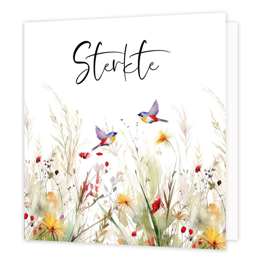 Mini bloemenkaartje - Sterkte - Formaat: Klein - Vorm: Vierkant - Sterkte kaart - Op deze wenskaart staat een bloemenveld met twee vogels en daarboven de tekst: "Sterkte". - Snelwenskaart