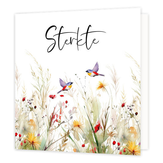 Op deze wenskaart staat een illustratie in aquarelstijl van een veld met wilde bloemen en grassen tegen een witte achtergrond. Tussen de begroeiing vliegen twee kleine vogels met blauwe, gele en rode accenten. Bovenaan de kaart staat het woord "Sterkte" in een zwart, sierlijk handgeschreven lettertype.