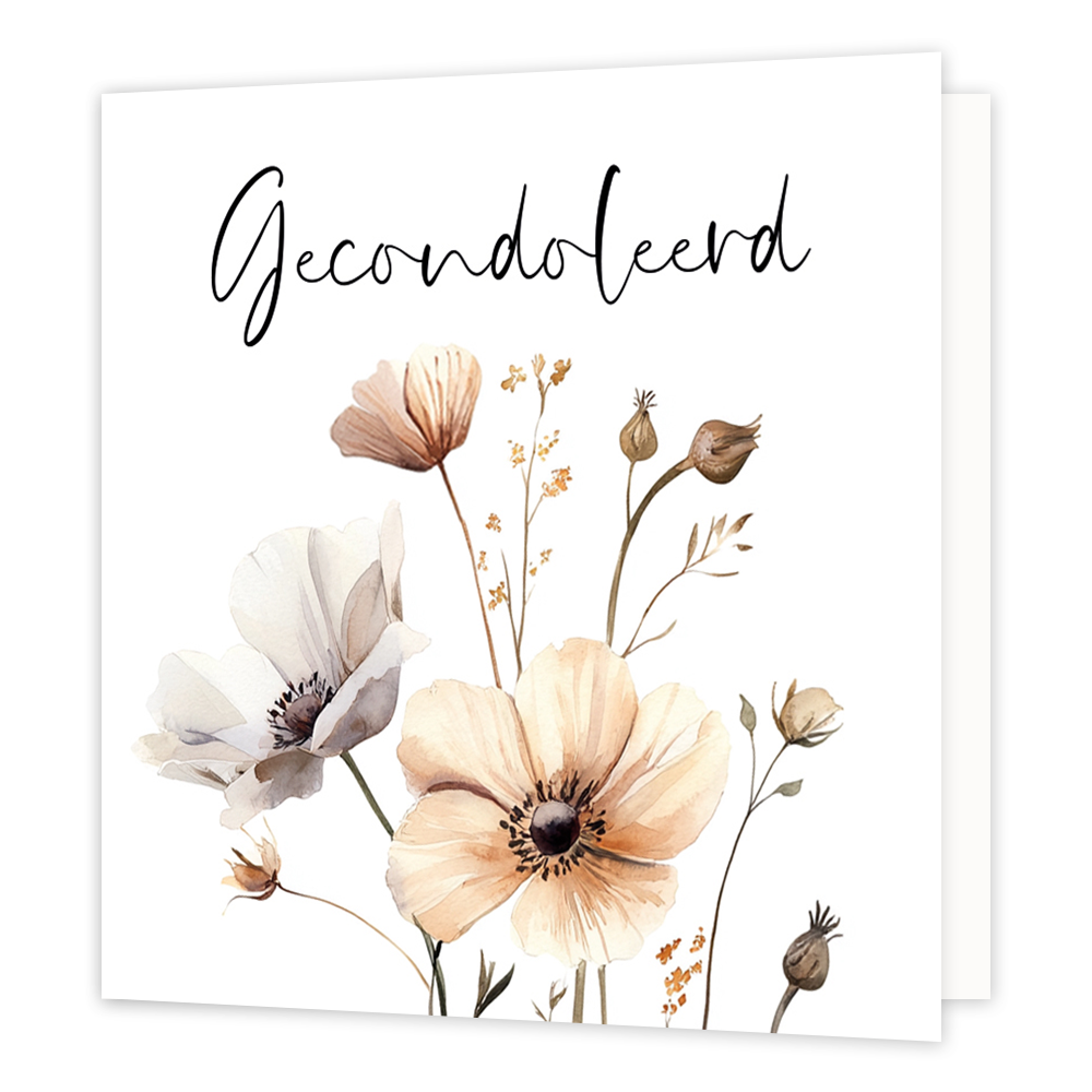 Mini bloemenkaartje - Gecondoleerd - Formaat: Klein - Vorm: Vierkant - Condoleance kaart - Op deze wenskaart staan bloemen in de kleuren grijs en beige met daarboven de tekst: "Gecondoleerd". - Snelwenskaart