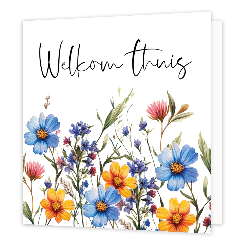 Mini bloemenkaartje - Welkom thuis - Formaat: Klein - Vorm: Vierkant - Woningkaart - Op deze wenskaart staan bloemen in diverse kleuren met daarboven de tekst: "Welkom thuis". - Snelwenskaart