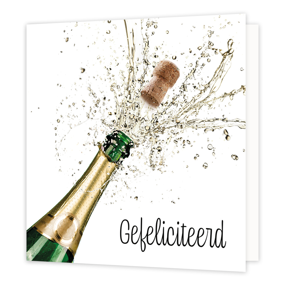 Mini bloemenkaartje - Gefeliciteerd - Formaat: Klein - Vorm: Vierkant - Felicitatiekaart - Op deze wenskaart staat een champagnefles die ontpopt met de tekst: "Gefeliciteerd". - Snelwenskaart