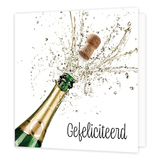 Mini bloemenkaartje - Gefeliciteerd - Formaat: Klein - Vorm: Vierkant - Felicitatiekaart - Op deze wenskaart staat een champagnefles die ontpopt met de tekst: "Gefeliciteerd". - Snelwenskaart