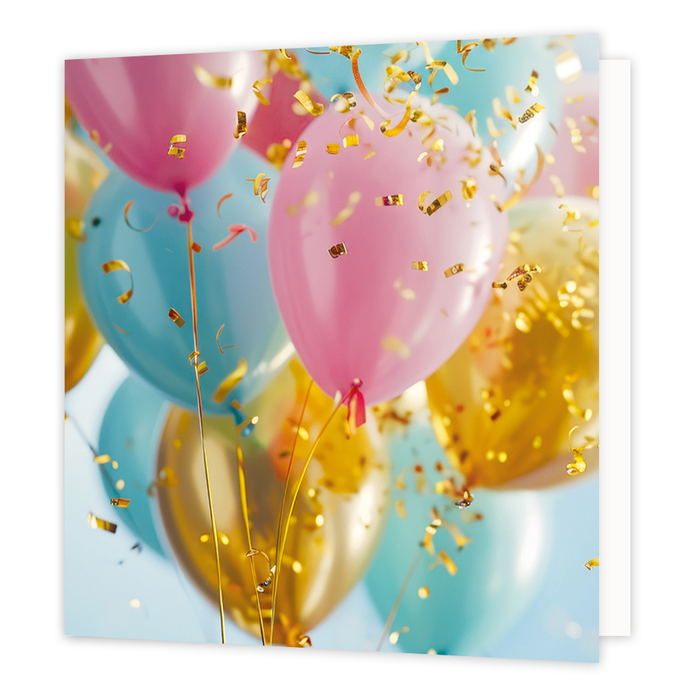Mini bloemenkaartje - Ballonnen - Formaat: Klein - Vorm: Vierkant - Blanco kaart - Op deze wenskaart staan ballonnen in de kleuren roze, blauw en goud. - Snelwenskaart