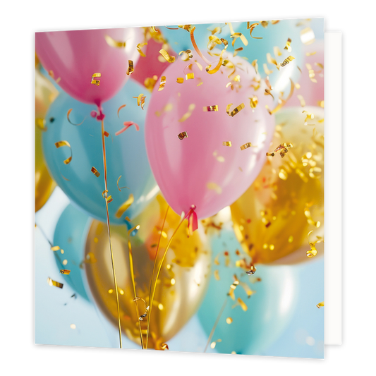 Mini bloemenkaartje - Ballonnen - Formaat: Klein - Vorm: Vierkant - Blanco kaart - Op deze wenskaart staan ballonnen in de kleuren roze, blauw en goud. - Snelwenskaart