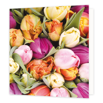 Mini bloemenkaartje - Tulpen - Formaat: Klein - Vorm: Vierkant - Blanco kaart - Op deze wenskaart staan tulpen in de kleuren roze, oranje en geel. - Snelwenskaart