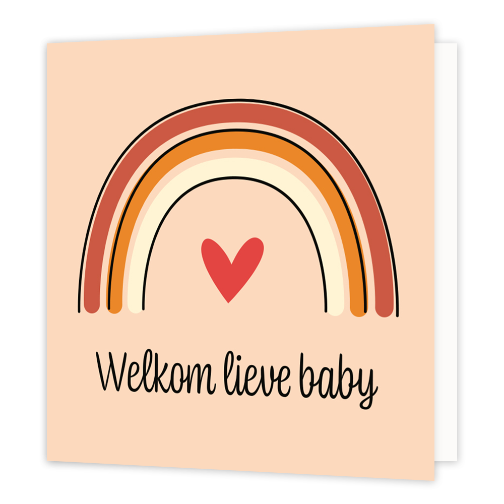 Mini bloemenkaartje - Welkom lieve baby - Formaat: Klein - Vorm: Vierkant - Geboortekaart - Op deze wenskaart staat een regenboog met een rood hartje en daaronder de tekst: "Welkom lieve baby". - Snelwenskaart