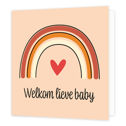 Mini bloemenkaartje - Welkom lieve baby - Formaat: Klein - Vorm: Vierkant - Geboortekaart - Op deze wenskaart staat een regenboog met een rood hartje en daaronder de tekst: "Welkom lieve baby". - Snelwenskaart