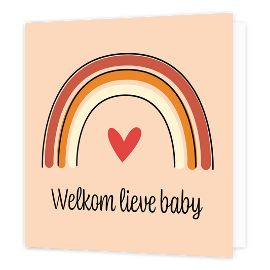 Mini bloemenkaartje - Welkom lieve baby - Formaat: Klein - Vorm: Vierkant - Geboortekaart - Op deze wenskaart staat een regenboog met een rood hartje en daaronder de tekst: "Welkom lieve baby". - Snelwenskaart