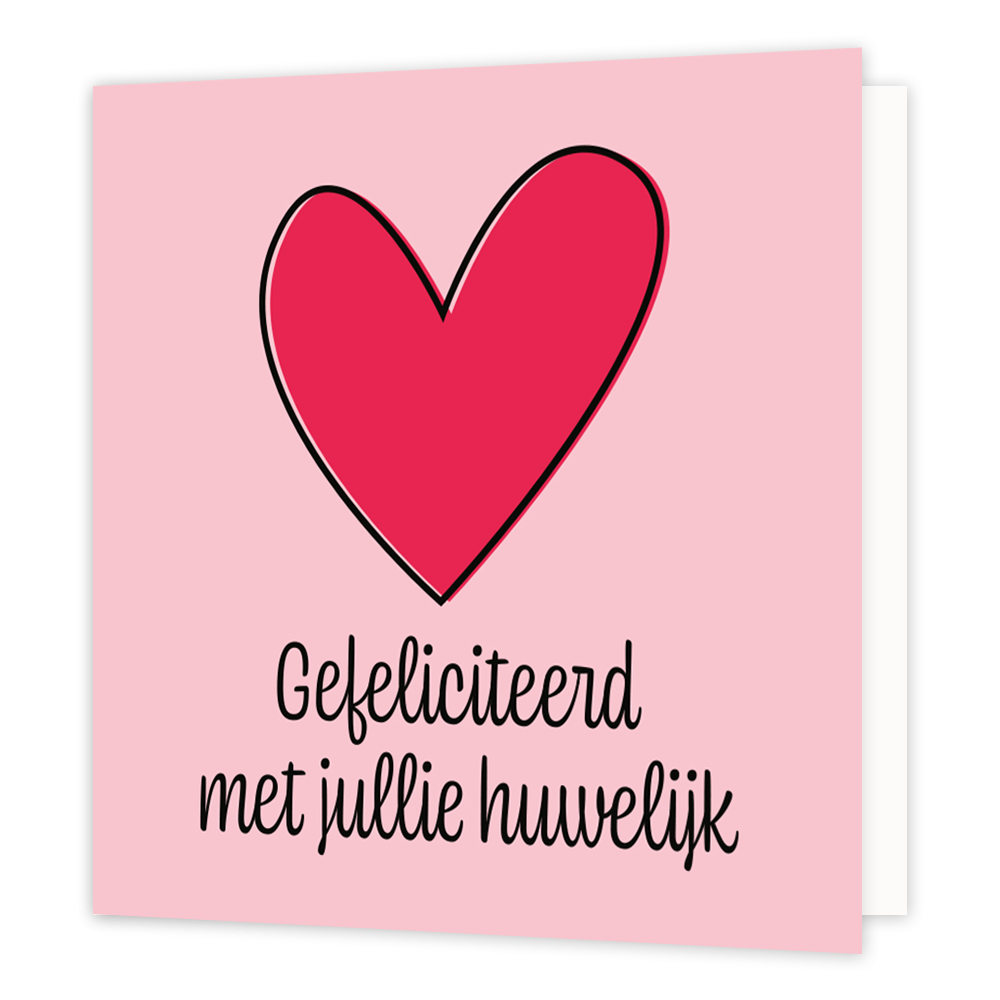 Mini bloemenkaartje - Gefeliciteerd met jullie huwelijk - Formaat: Klein - Vorm: Vierkant - Huwelijkskaart - Op deze wenskaart staat een roze hartje met daaronder de tekst: "Gefeliciteerd met jullie huwelijk". - Snelwenskaart