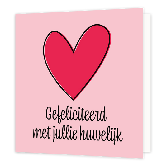 Mini bloemenkaartje - Gefeliciteerd met jullie huwelijk - Formaat: Klein - Vorm: Vierkant - Huwelijkskaart - Op deze wenskaart staat een roze hartje met daaronder de tekst: "Gefeliciteerd met jullie huwelijk". - Snelwenskaart