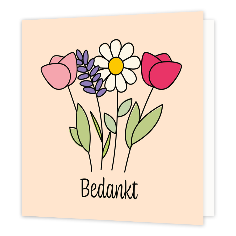 Mini bloemenkaartje - Bedankt - Formaat: Klein - Vorm: Vierkant - Bedankkaart - Op deze wenskaart staan bloemen met daaronder de tekst: "Bedankt". - Snelwenskaart