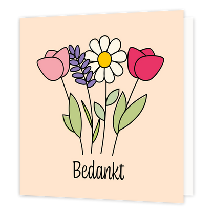 Mini bloemenkaartje - Bedankt - Formaat: Klein - Vorm: Vierkant - Bedankkaart - Op deze wenskaart staan bloemen met daaronder de tekst: "Bedankt". - Snelwenskaart