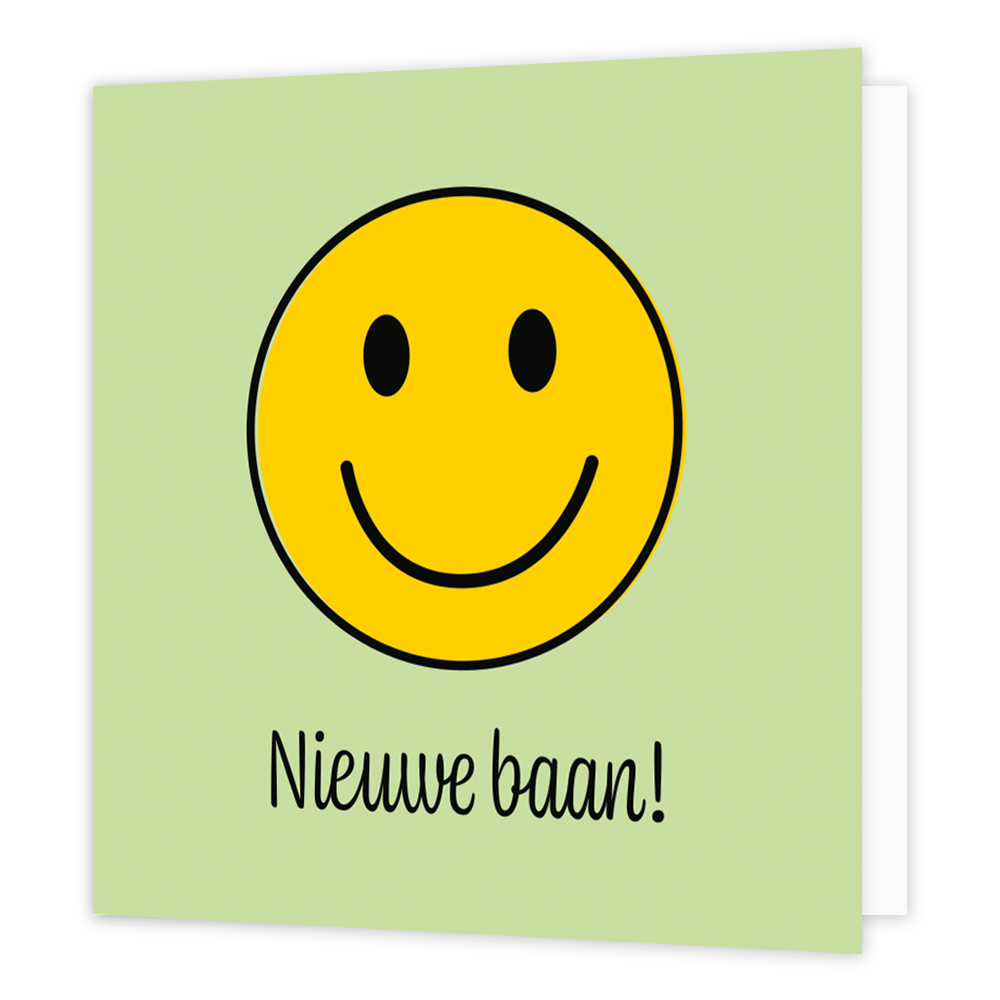 Mini bloemenkaartje - Nieuwe baan! - Formaat: Klein - Vorm: Vierkant - Succes kaart - Op deze wenskaart staat een smiley met daarboven de tekst: "Nieuwe baan!". - Snelwenskaart