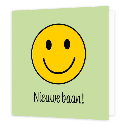 Mini bloemenkaartje - Nieuwe baan! - Formaat: Klein - Vorm: Vierkant - Succes kaart - Op deze wenskaart staat een smiley met daarboven de tekst: "Nieuwe baan!". - Snelwenskaart
