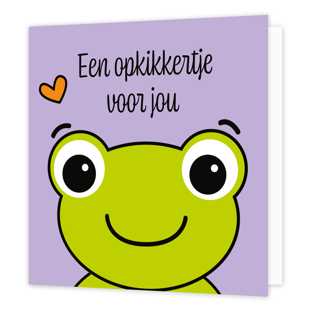 Mini bloemenkaartje - Een opkikkertje voor jou - Formaat: Klein - Vorm: Vierkant - Opkikker kaart - Op deze wenskaart staat een kikker met daarboven de tekst: "Een opkikkertje voor jou". - Snelwenskaart