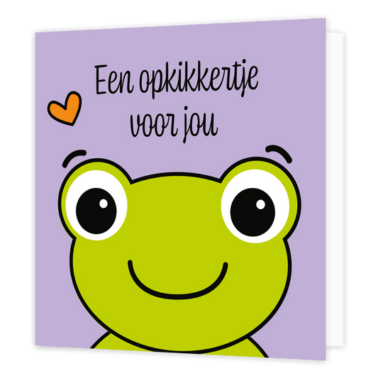 Mini bloemenkaartje - Een opkikkertje voor jou - Formaat: Klein - Vorm: Vierkant - Opkikker kaart - Op deze wenskaart staat een kikker met daarboven de tekst: "Een opkikkertje voor jou". - Snelwenskaart