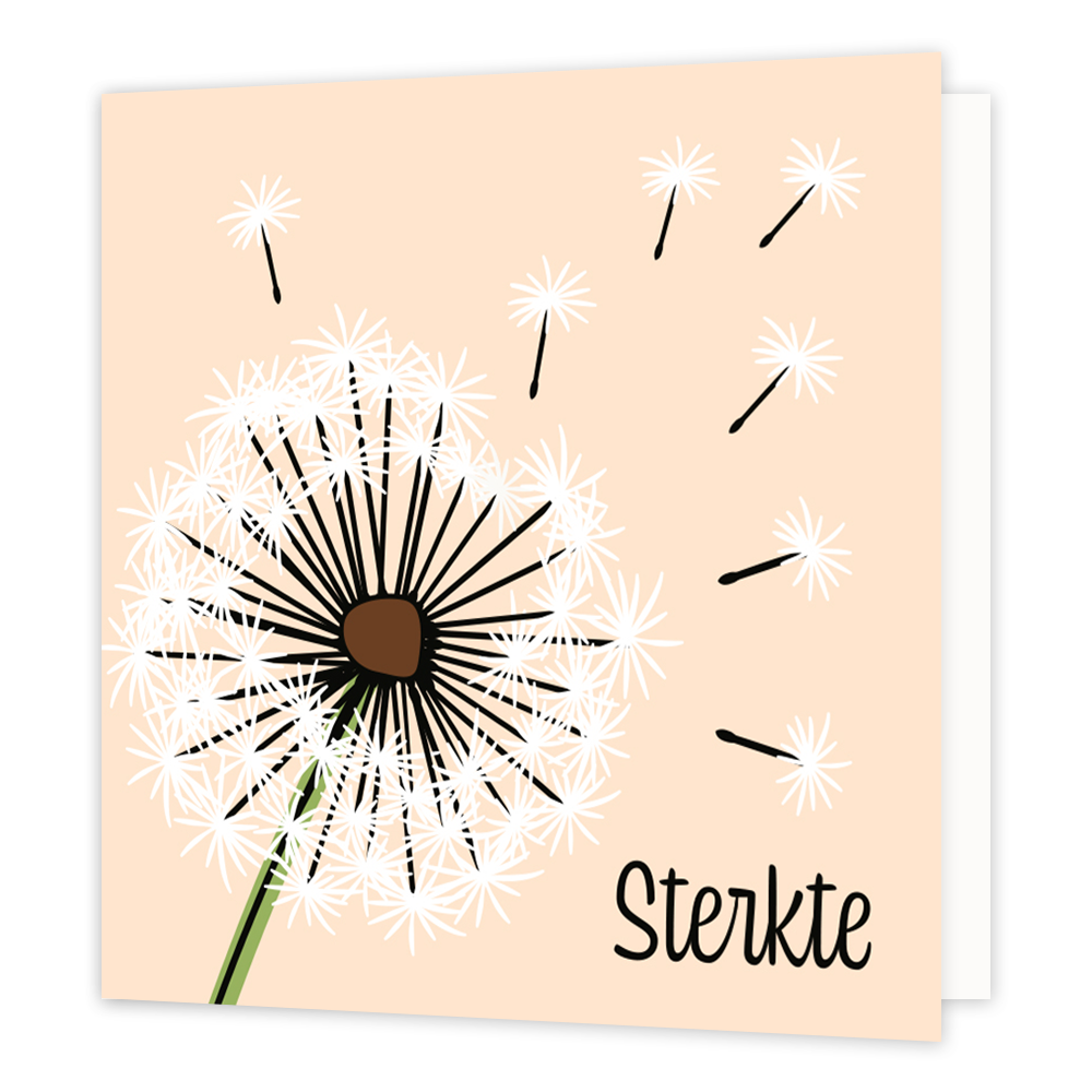 Mini bloemenkaartje - Sterkte - Formaat: Klein - Vorm: Vierkant - Sterkte kaart - Op deze wenskaart staat een paardebloem met daaronder de tekst: "Sterkte". - Snelwenskaart