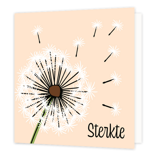 Op deze wenskaart staat een grafische illustratie van een uitgebloeide paardenbloem op een lichtbeige achtergrond. De illustratie toont een witte pluizenbol waarbij enkele losse zaadjes wegvliegen in de rechterbovenhoek. Rechtsonder staat de tekst "Sterkte" geschreven in zwarte, handgeschreven letters. De stijl is minimalistisch met strakke zwarte lijnen voor de stengel en de zaadjes.