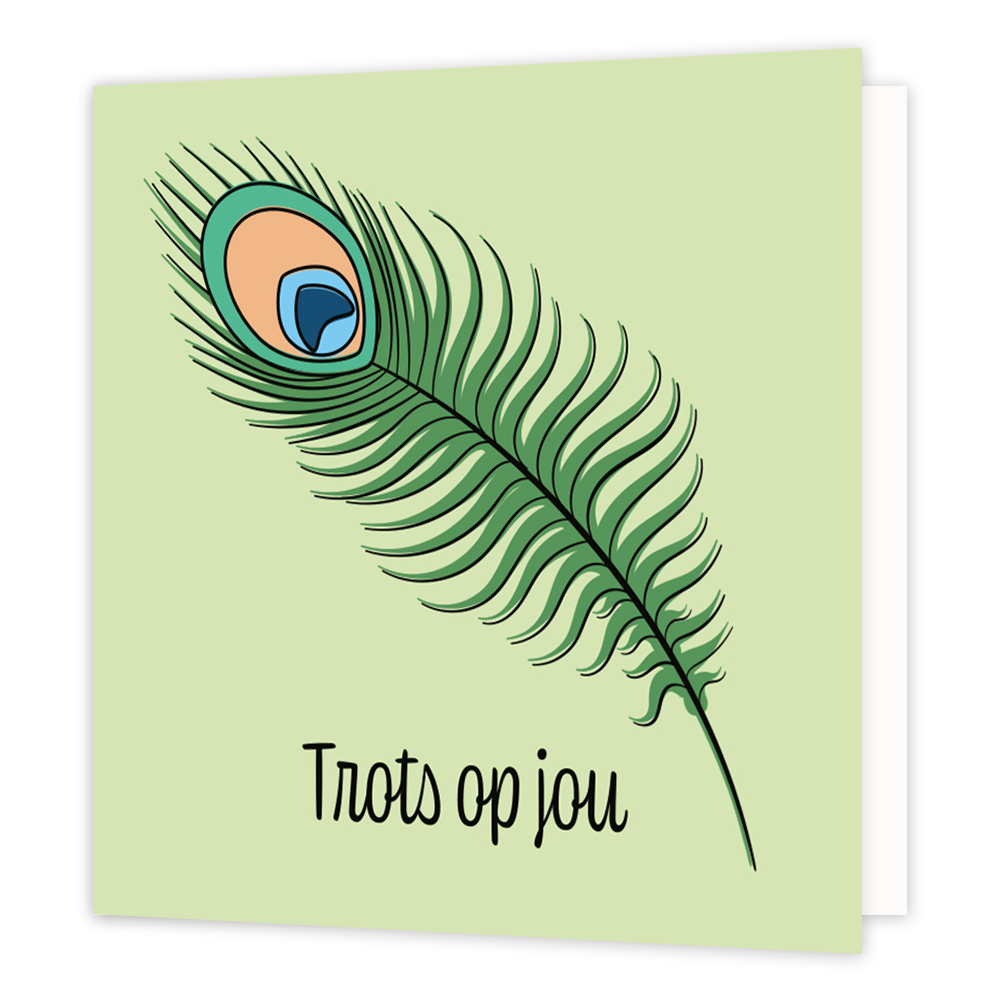 Mini bloemenkaartje - Trots op jou - Formaat: Klein - Vorm: Vierkant - Complimentenkaart - Op deze wenskaart staat een pauwenveer met daaronder de tekst: "Trots op jou". - Snelwenskaart